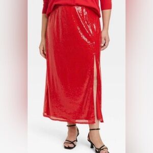 A new Day Red Sequin Side-Slit Maxi Skirt